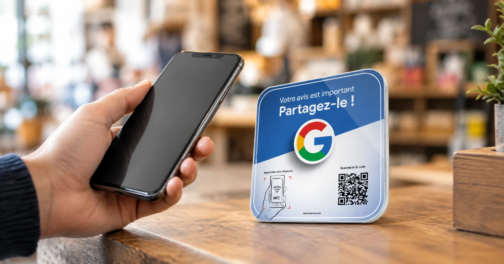 Personne qui approche son smartphone d’une plaque NFC avis Google posée sur un comptoir