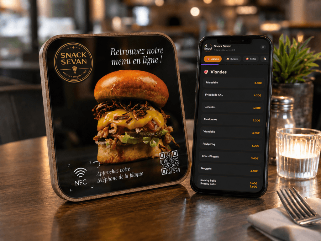 Plaque NFC menu restaurant avec menu digital et dashboard de gestion