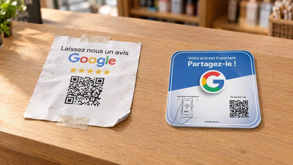 Comparaison entre un QR code avis Google imprimé sur papier et une plaque NFC