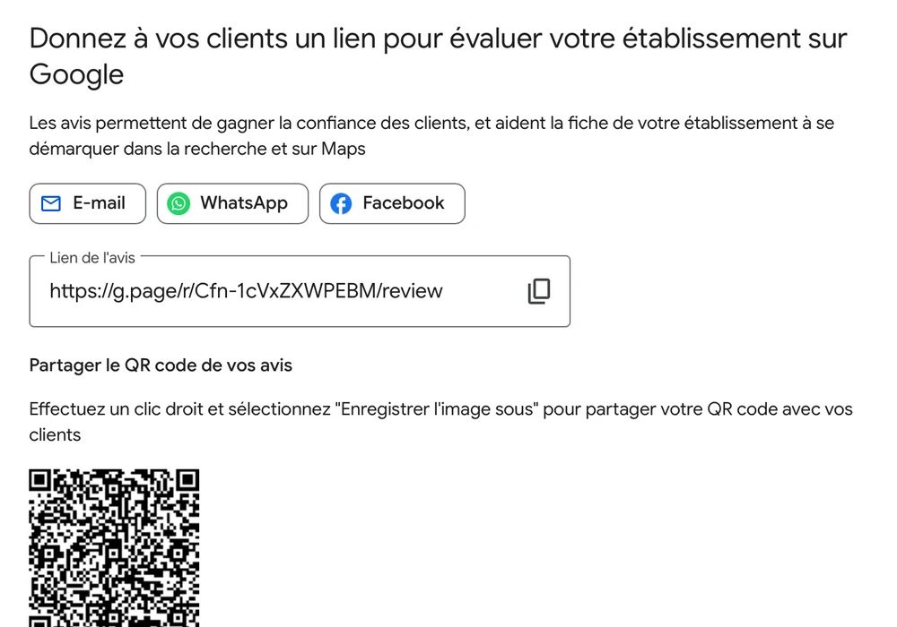 Interface Google Business Profile pour obtenir le lien et le QR code d'avis