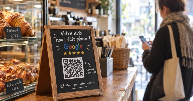 QR code avis Google posé sur le comptoir d'un commerce