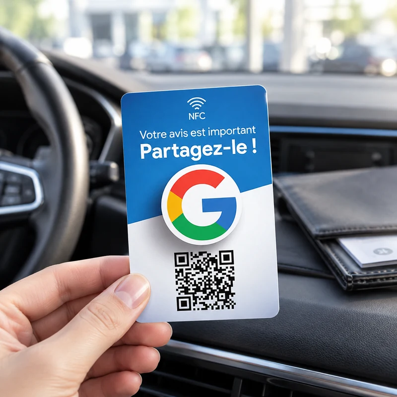 Carte NFC avis Google remise à un client en garage automobile