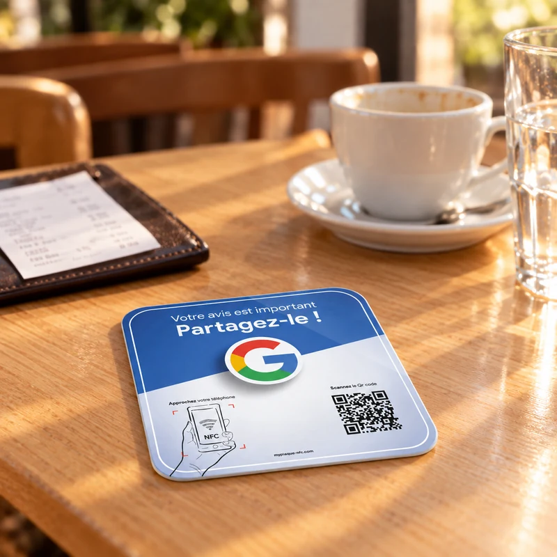 Plaque NFC avec QR code avis Google sur un porte-addition de restaurant
