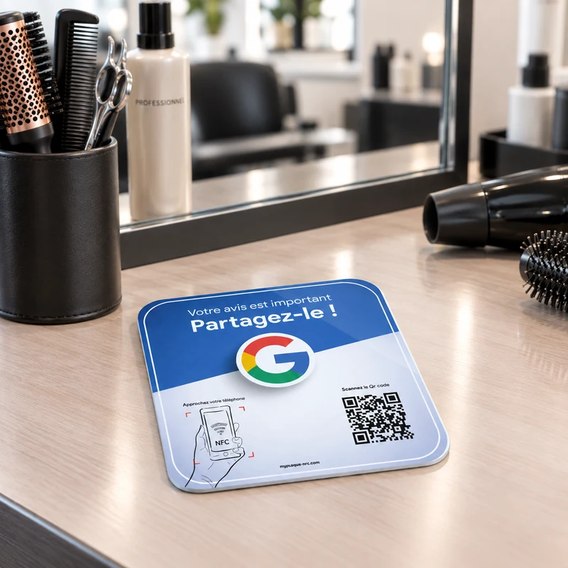 Plaque NFC avis Google posée sur un poste de coiffage en salon