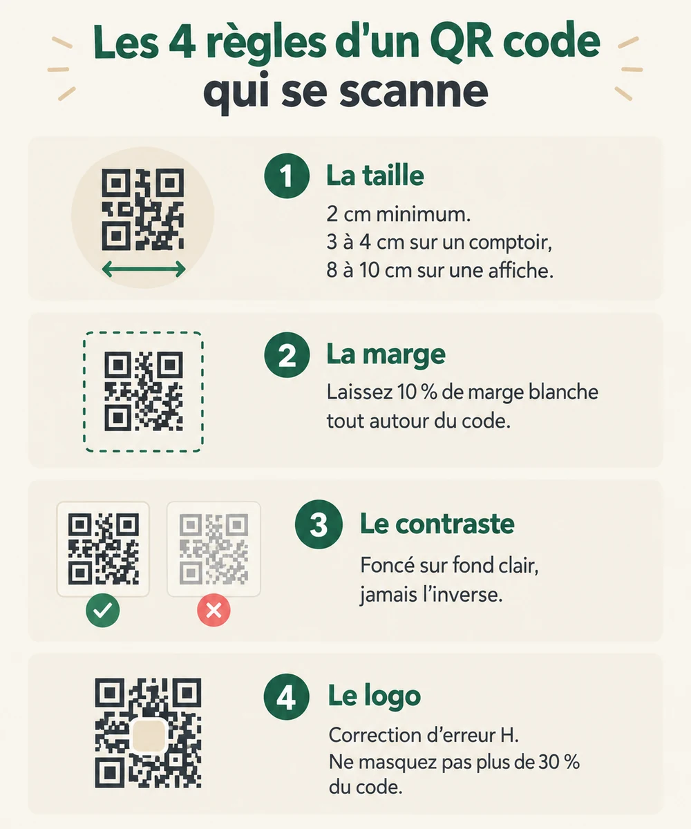 Les 4 règles d'impression d'un QR code avis Google : taille, marge, contraste, correction d'erreur