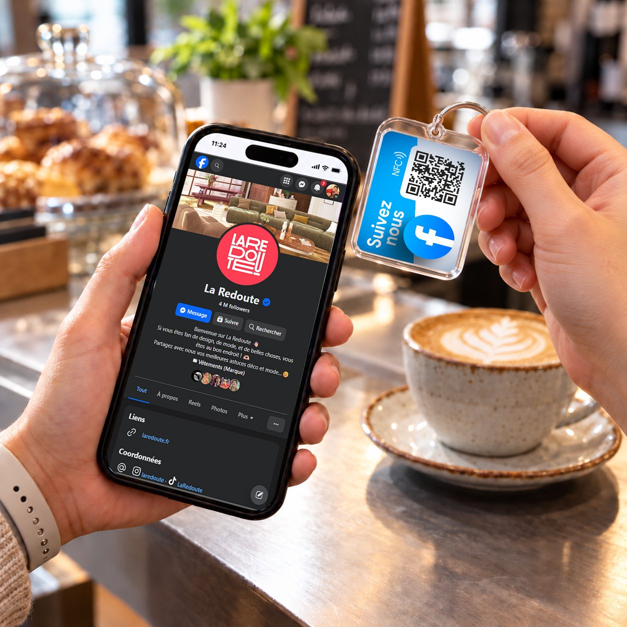 porte-clé NFC Facebook approché d’un smartphone qui ouvre la page