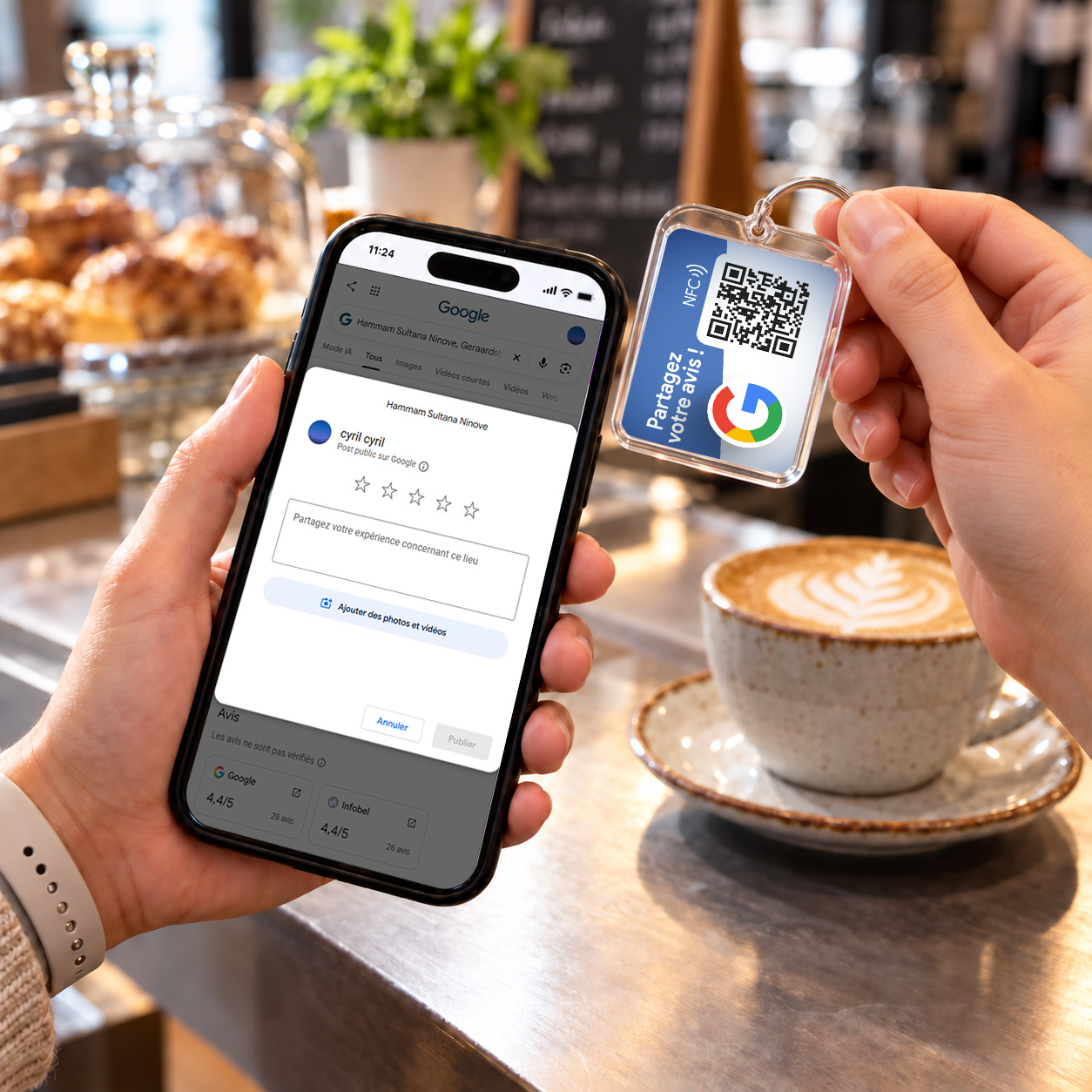porte-clé NFC avis Google présenté à un client en fin d’intervention
