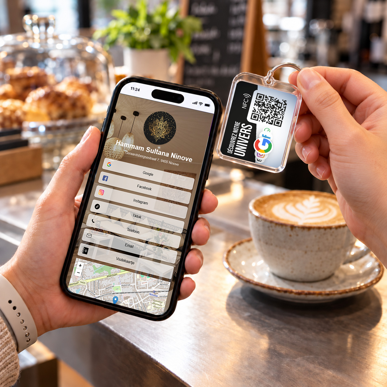 porte-clé NFC Pro ouvrant une page Shop-Link sur un smartphone