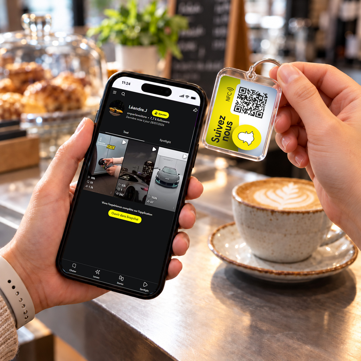 porte-clé NFC Snapchat approché d’un smartphone qui ouvre le profil
