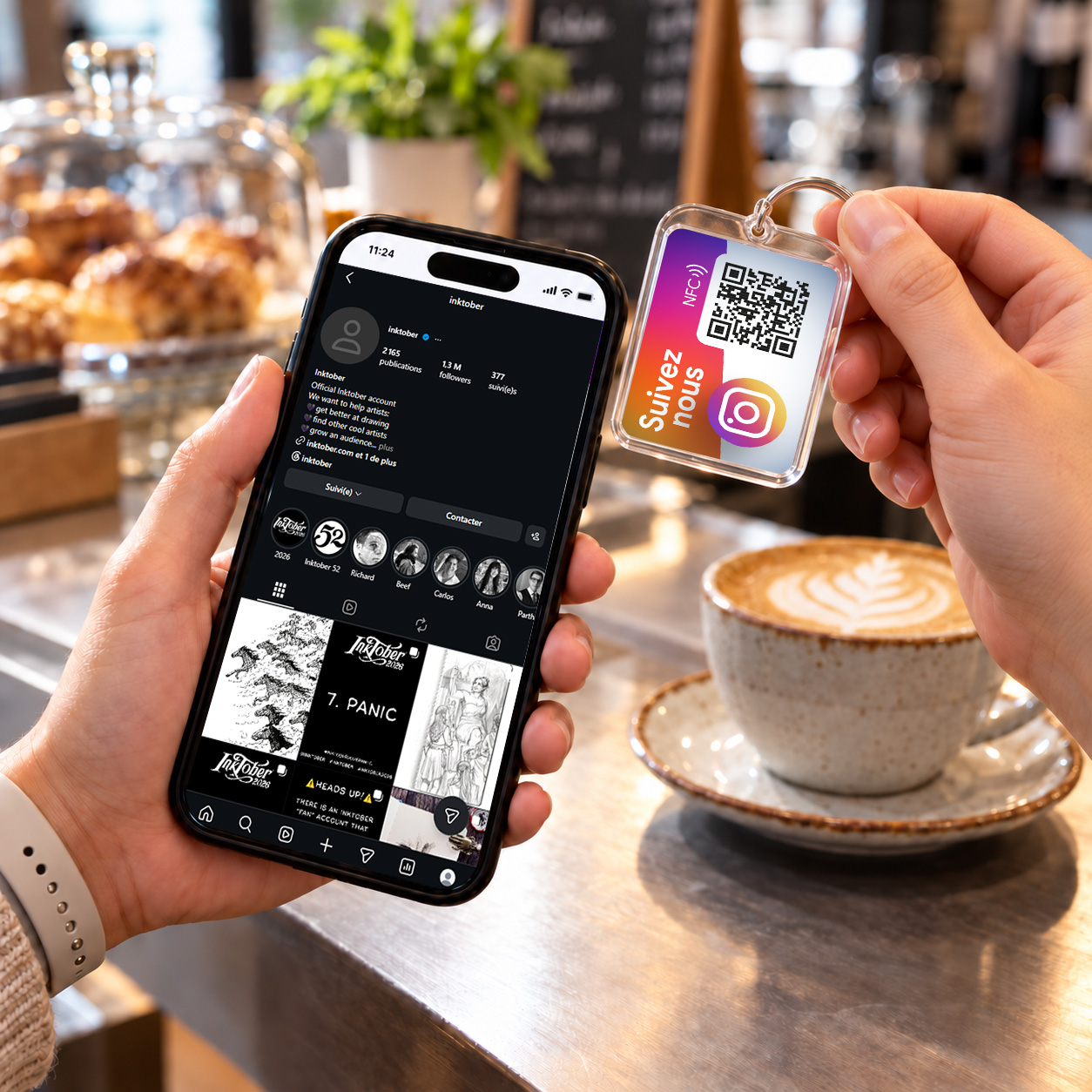 porte-clé NFC Instagram approché d’un smartphone qui ouvre le profil