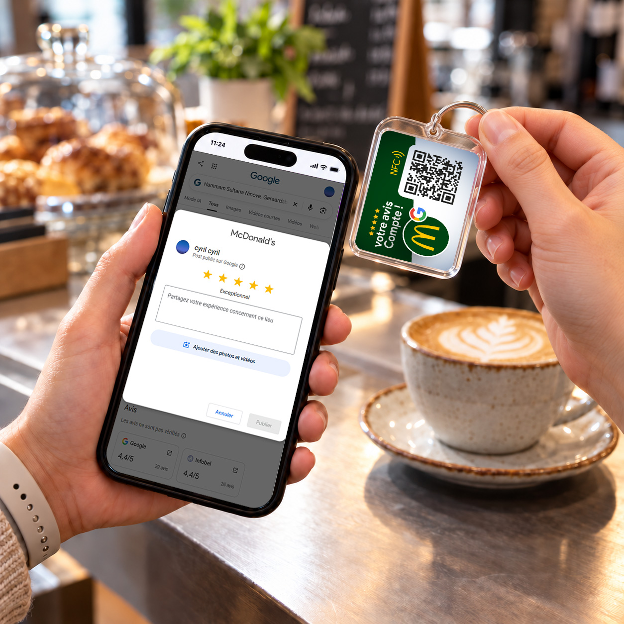 plusieurs porte-clés NFC personnalisés aux logos de commerces différents