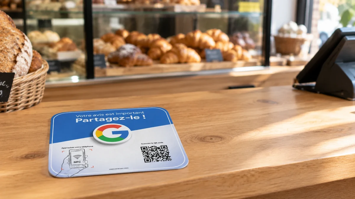 Plaque NFC avis Google posée sur le comptoir d'un commerce