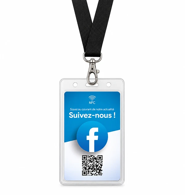 Porte-carte transparent avec tour de cou noir portant une carte NFC Facebook