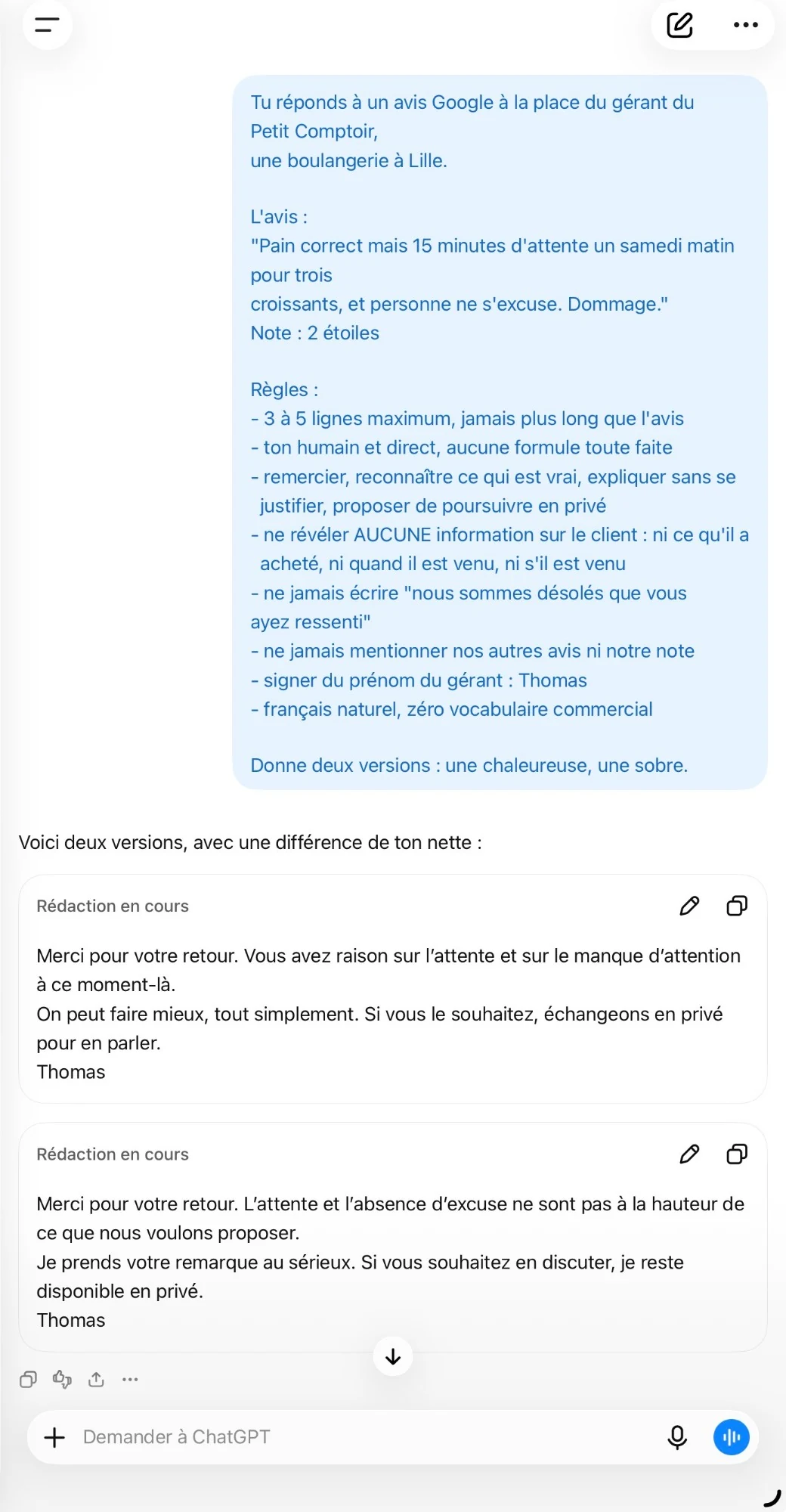 Répondre à un avis Google avec l'IA : le prompt et les deux réponses proposées