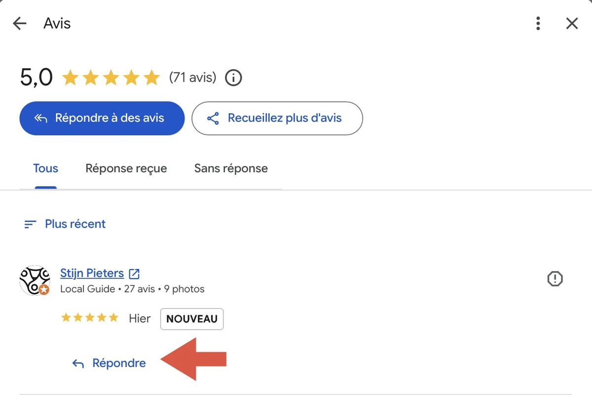 Où cliquer pour répondre à un avis sur Google depuis sa fiche d'établissement