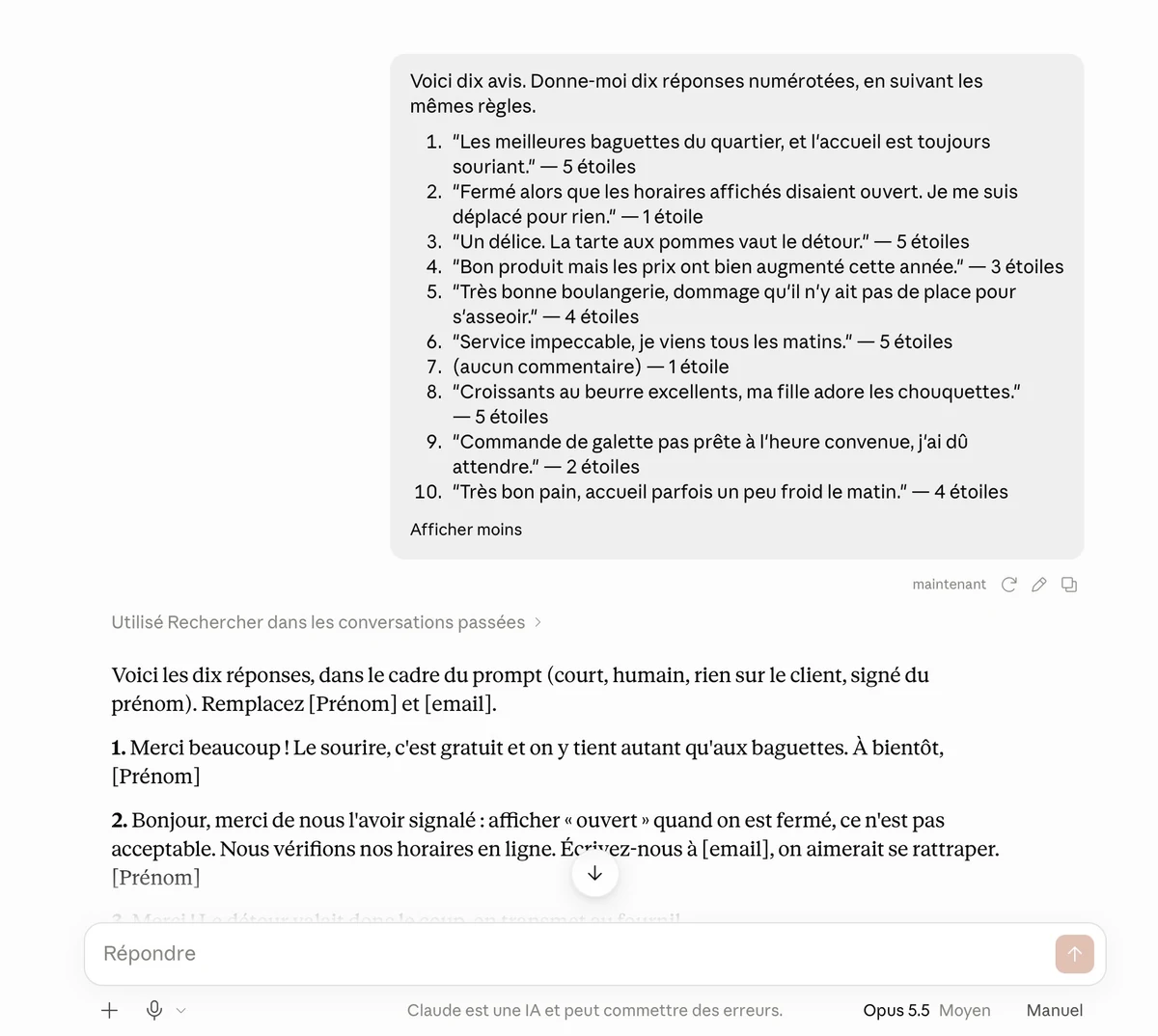 Répondre à dix avis Google d'un coup dans une seule conversation avec l'IA