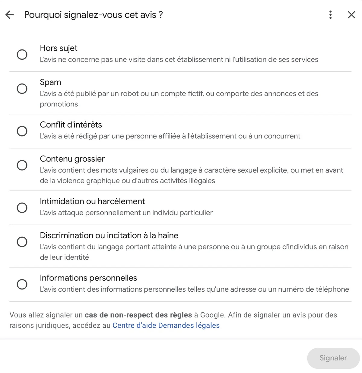 Les sept motifs pour signaler un faux avis Google