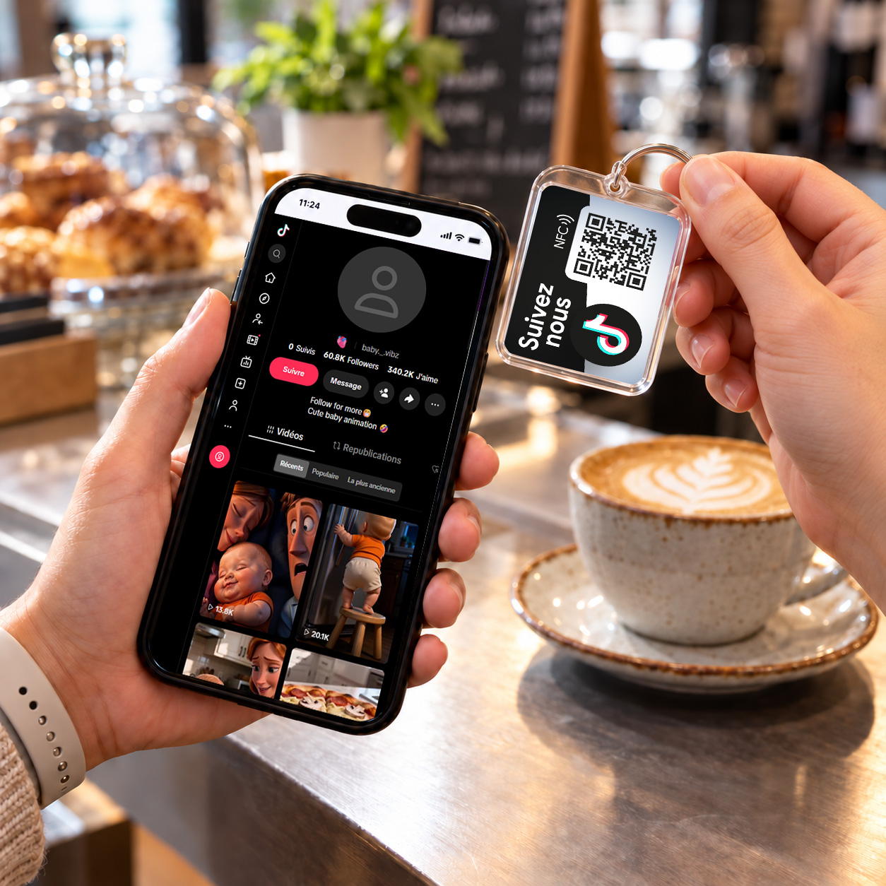 porte-clé NFC TikTok approché d’un smartphone qui ouvre le compte